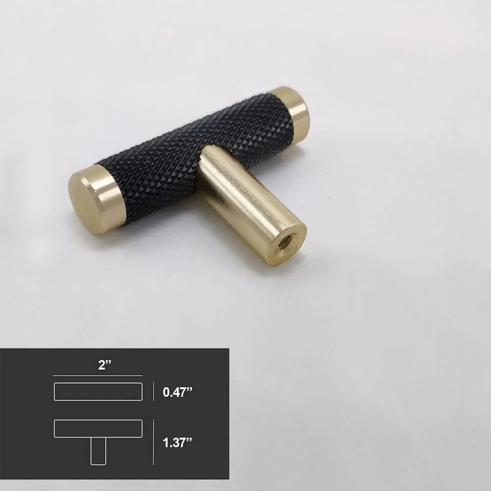 10 Pack 2 Inch Cabinet T Knob Aluminum Knob for Drawer Pulls Gold and Black Oxidation Finish with Diamond Pattern