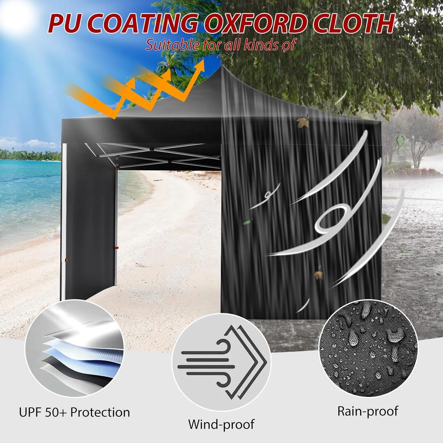 10FTx10FT Pop-Up Waterproof Windproof and Uv-Proof Gazebo Instant Portable Canopy Tent 10'x10' with 3 Side Walls, 1 Wheeled Bag, 8 Ground Pegs for Stall/Outdoor/Party Events-Black