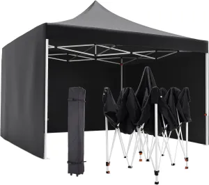 10FTx10FT Pop-Up Waterproof Windproof and Uv-Proof Gazebo Instant Portable Canopy Tent 10'x10' with 3 Side Walls, 1 Wheeled Bag, 8 Ground Pegs for Stall/Outdoor/Party Events-Black