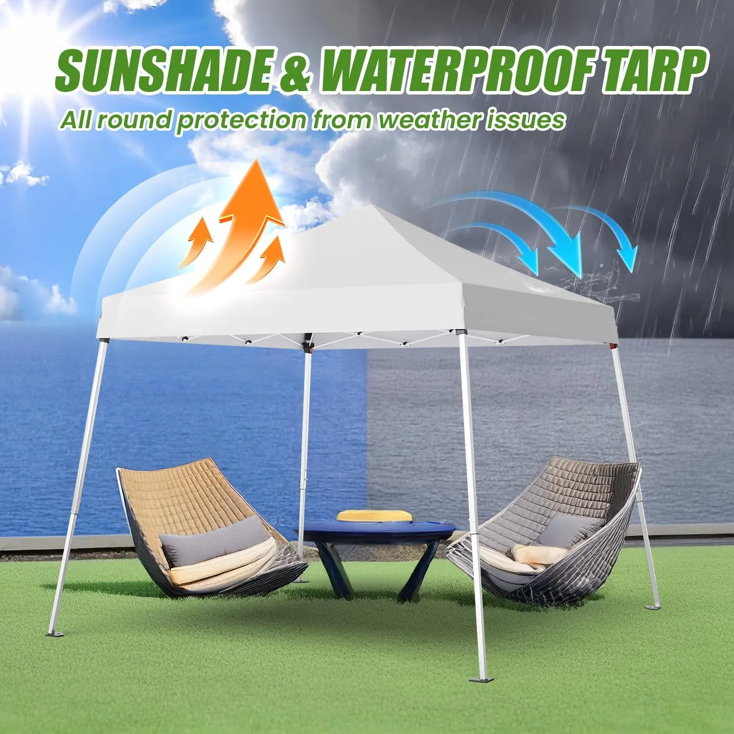 10x10 Pop Up Canopy, 300D Silver Coated White Fabric Outdoor Gazebo, Beach Tent Slant Legs with Storage Bag,Easy Up Sun Shade Shelter Tents with 8x8 Top Cover for Patio,Party