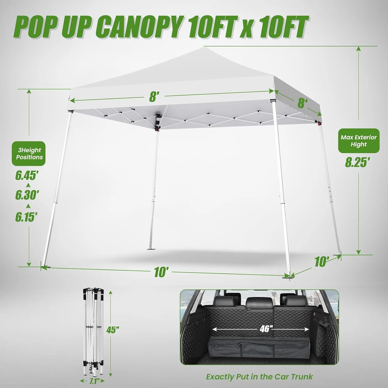 10x10 Pop Up Canopy, 300D Silver Coated White Fabric Outdoor Gazebo, Beach Tent Slant Legs with Storage Bag,Easy Up Sun Shade Shelter Tents with 8x8 Top Cover for Patio,Party
