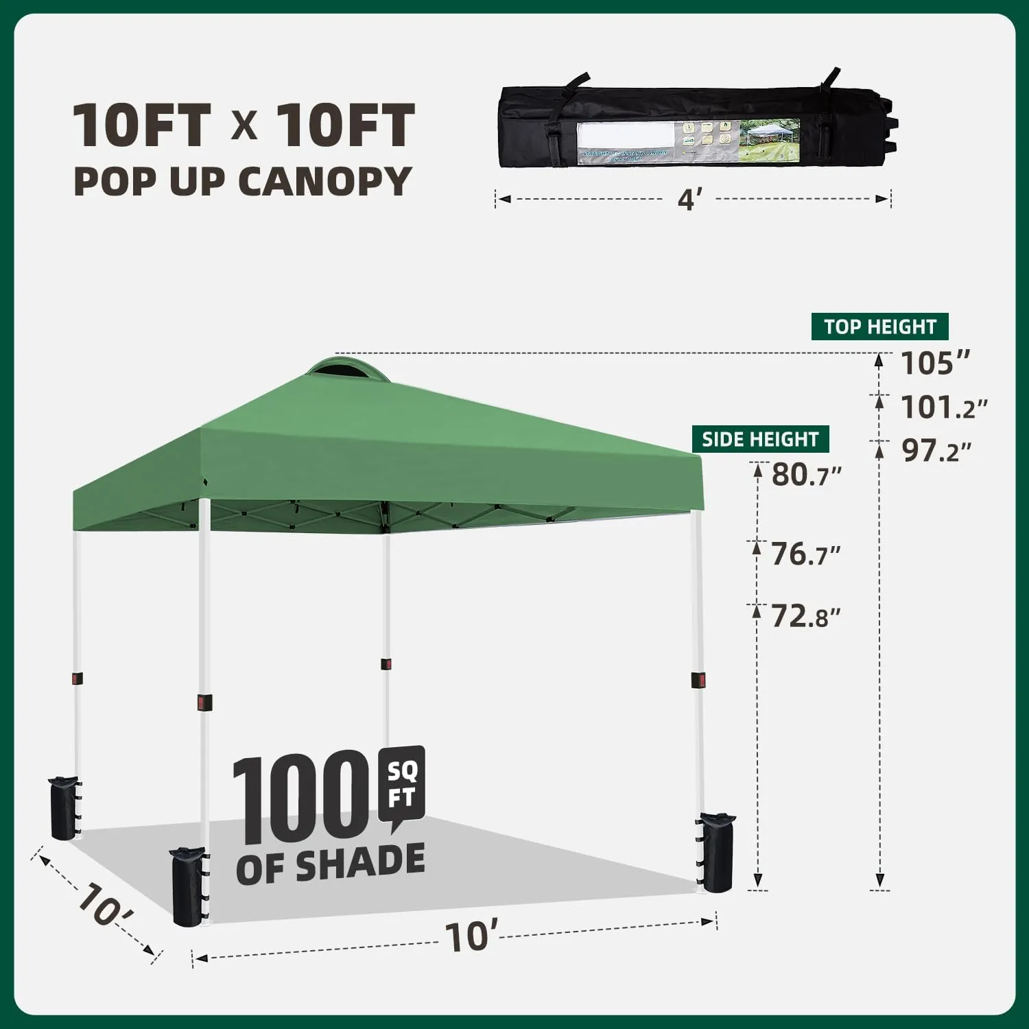 10x10 Pop Up Canopy Tent Party Tent Commercial Instant Canopies Shelter with Heavy Duty Roller Bag, Bonus 4 Sand Bags (Green)