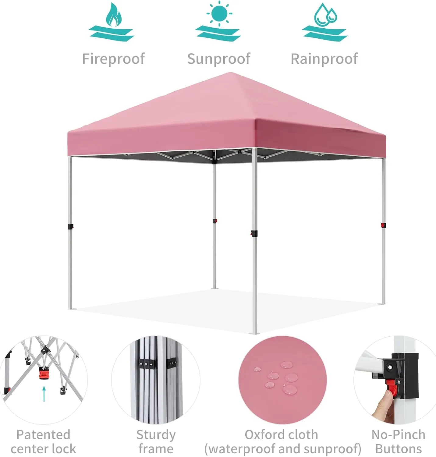10x10 Pop Up Canopy Tents, Instant Portable Shelter with Easy One-Person Setup, Adjustable Heights, Wheeled Carry Bag, Bonus Stakes & Ropes, Outdoor Shade for Parties, Patio, Commercial Use,Pink