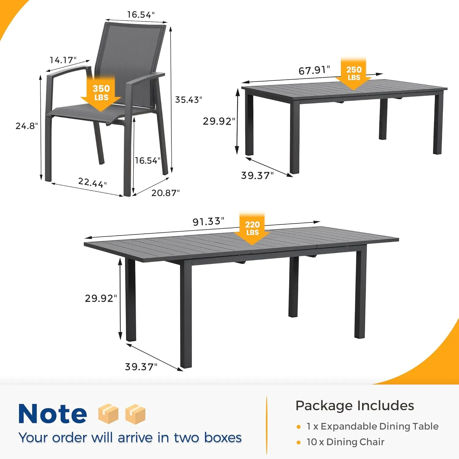 11 Piece Aluminum Outdoor Patio Dining Sets with Fully Assembled Dining Chair，91.3"L×39.4"W Expandable Patio Table and Chairs Set for 10, Stackable Chairs with Quick Drying Fabric, Grey