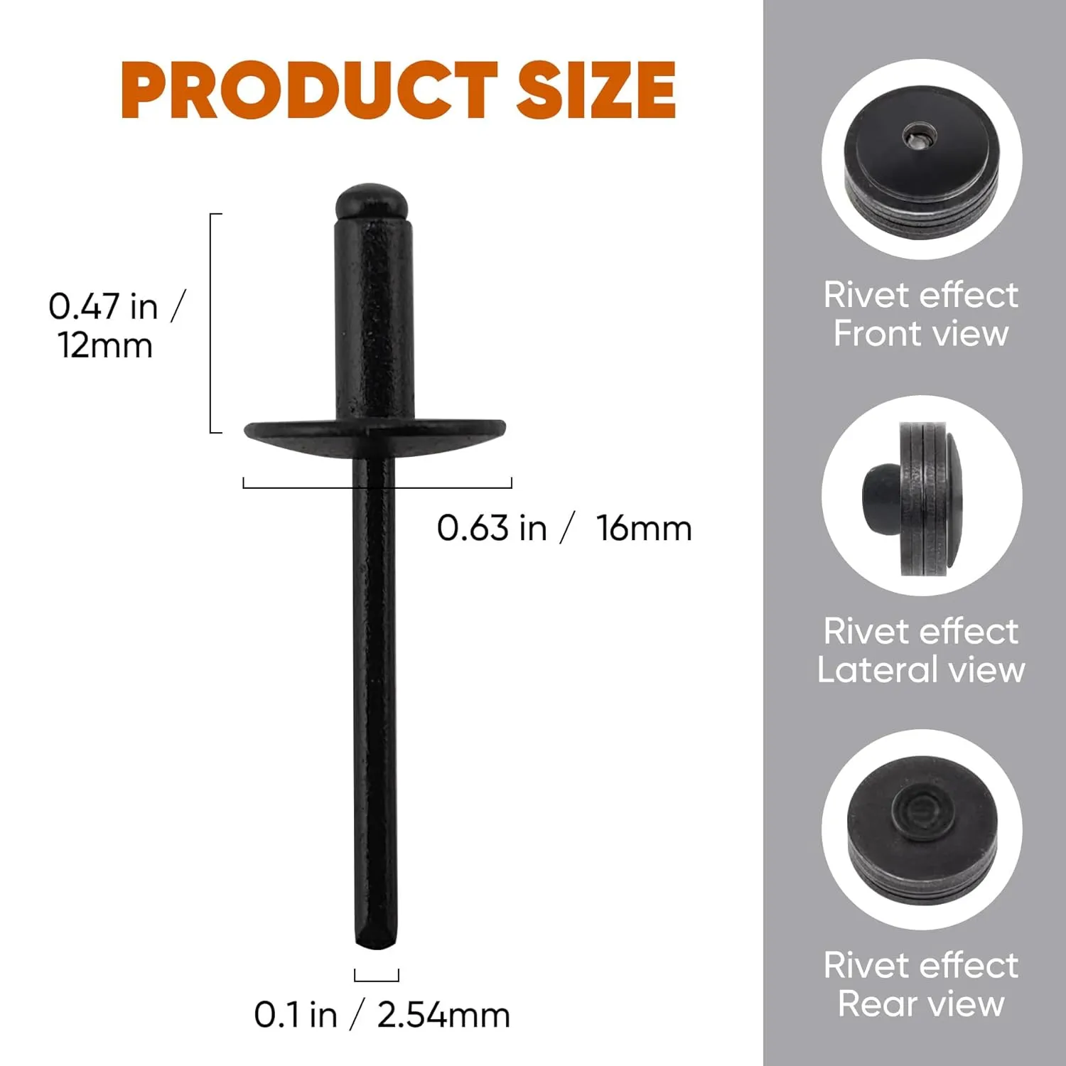 110pcs All Black Large Flange Blind Rivets, 3/16 * 1/2" Open End Aluminum Pop Rivet, 4.8 * 12
