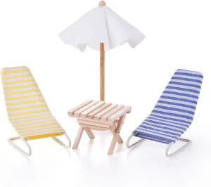1:12 Miniature Dollhouse Beach Accessories Set with Metal Beach Recliner, Wooden Sun Umbrella and Folding Table, Dollhouse Furniture Decoration for Beach, Outdoor (Blue   Yellow)