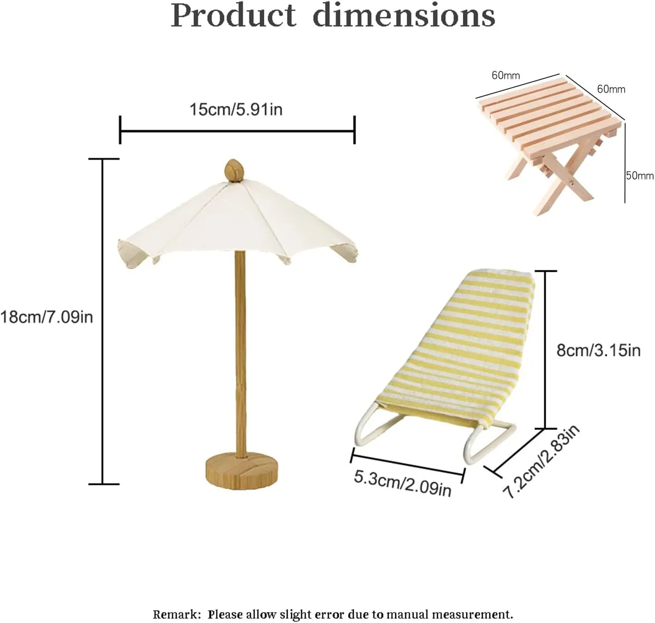 1:12 Miniature Dollhouse Beach Accessories Set with Metal Beach Recliner, Wooden Sun Umbrella and Folding Table, Dollhouse Furniture Decoration for Beach, Outdoor (Blue   Yellow)