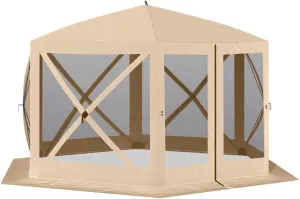 12' x 12' Hexagon Pop Up Screen House - Portable Gazebo Canopy Shelter with Mesh Netting Walls, Carry Bag & Shaded Interior, Beige - Ideal for Outdoor Events, Camping, Picnics