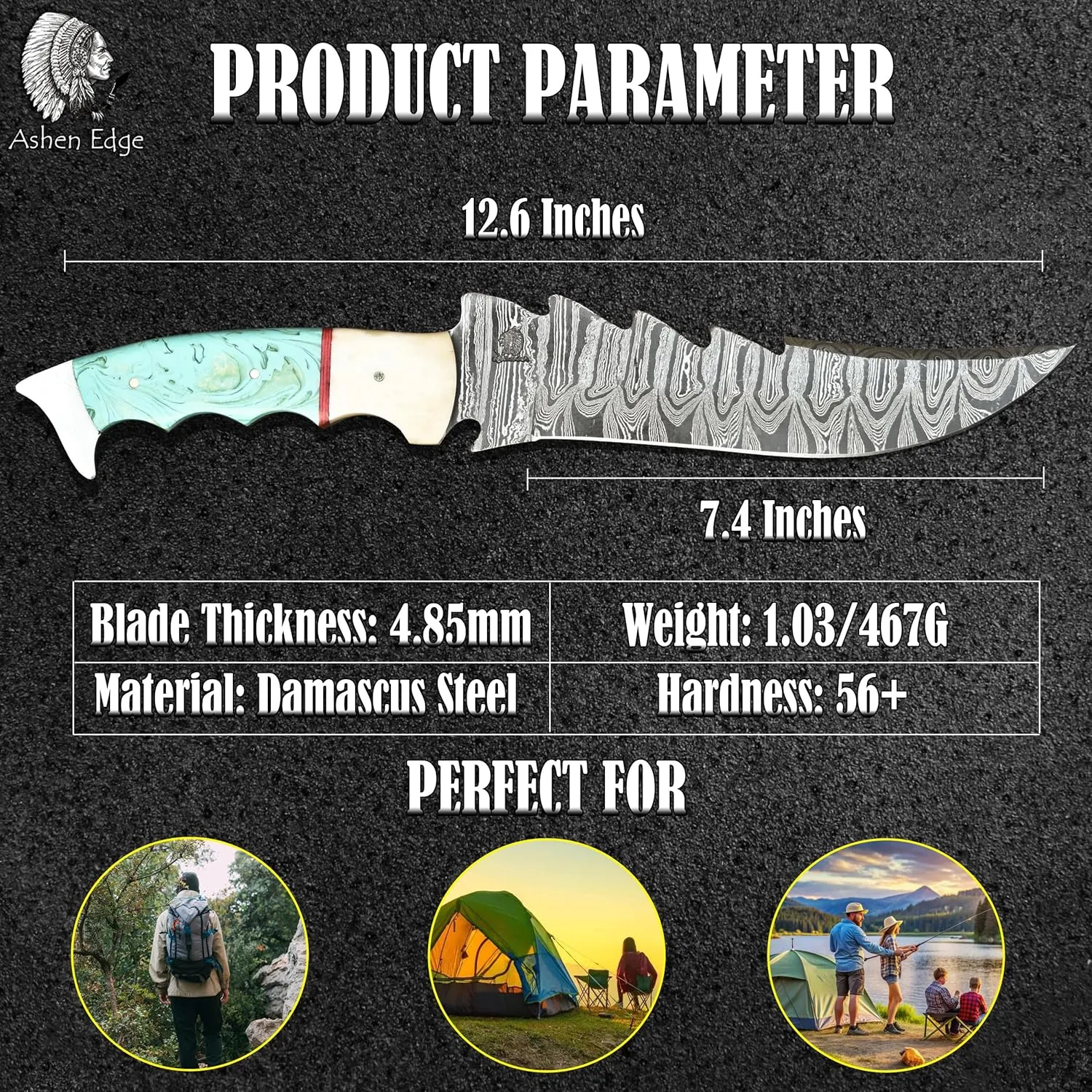 12.6" Hunting Knife, 7.4" Blade, Full-Tang, 1.03lbs, 5.2" Handle for Camping, Survival, Boning, Outdoor Use