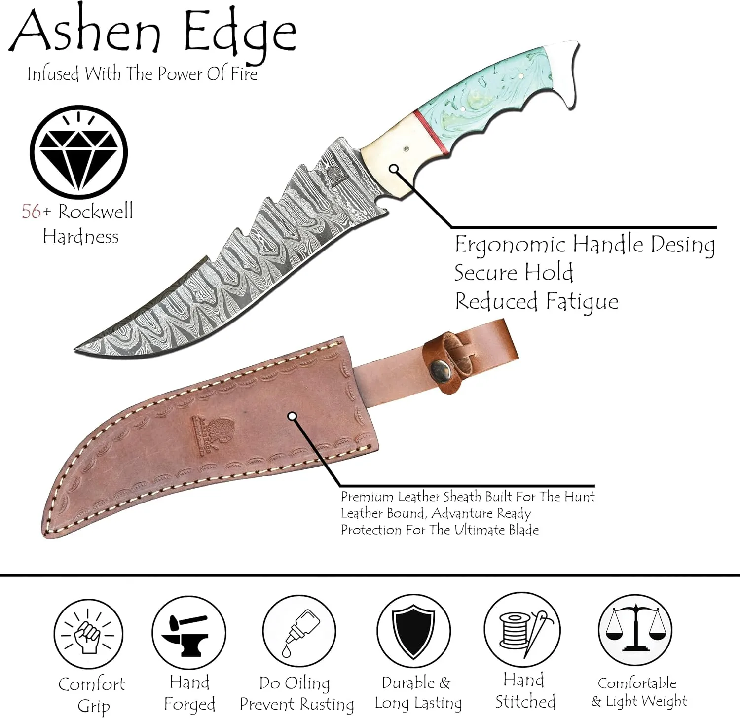 12.6" Hunting Knife, 7.4" Blade, Full-Tang, 1.03lbs, 5.2" Handle for Camping, Survival, Boning, Outdoor Use