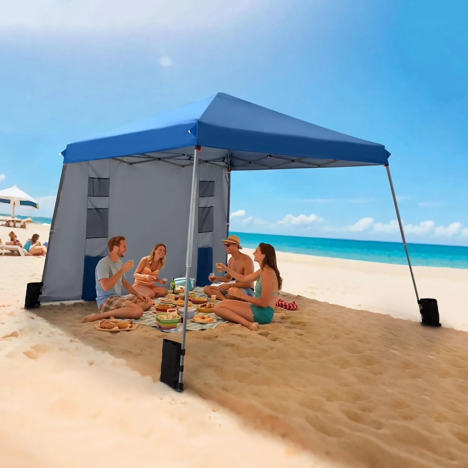 12x12 ft Pop Up Canopy Tent, Easy Up Instant Outdoor Canopy with Sidewall, Wheeled Carry Bag, 4 Sandbags, 4 Ropes & 8 Stakes(12x12 Base 9x9 Top)- Blue