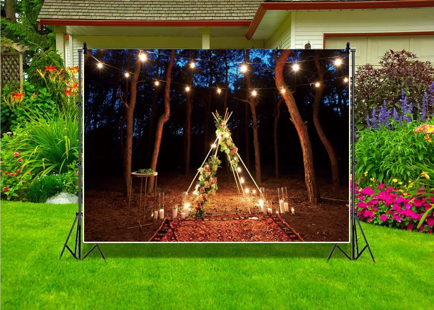 12x8ft Forest Scene Camping Tent Trip Photography Background Night Scene Backdrop Party Decoration for Camping Theme Party Summer Holiday Family Outdoor Party Adventure Leisure