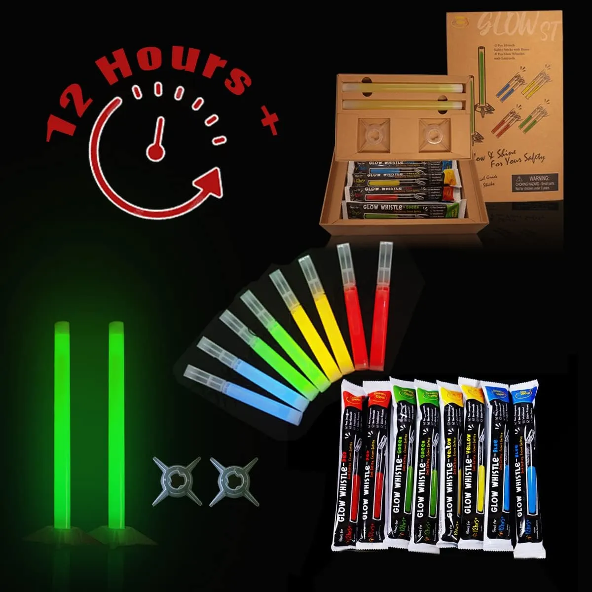 14 Inch Military Grade Glow Sticks 1PK/2PK 10 Inch Light Sticks and 7inch Glow Whistles Ultra Bright Emergency Light Sticks for Camping Party Survival Kits