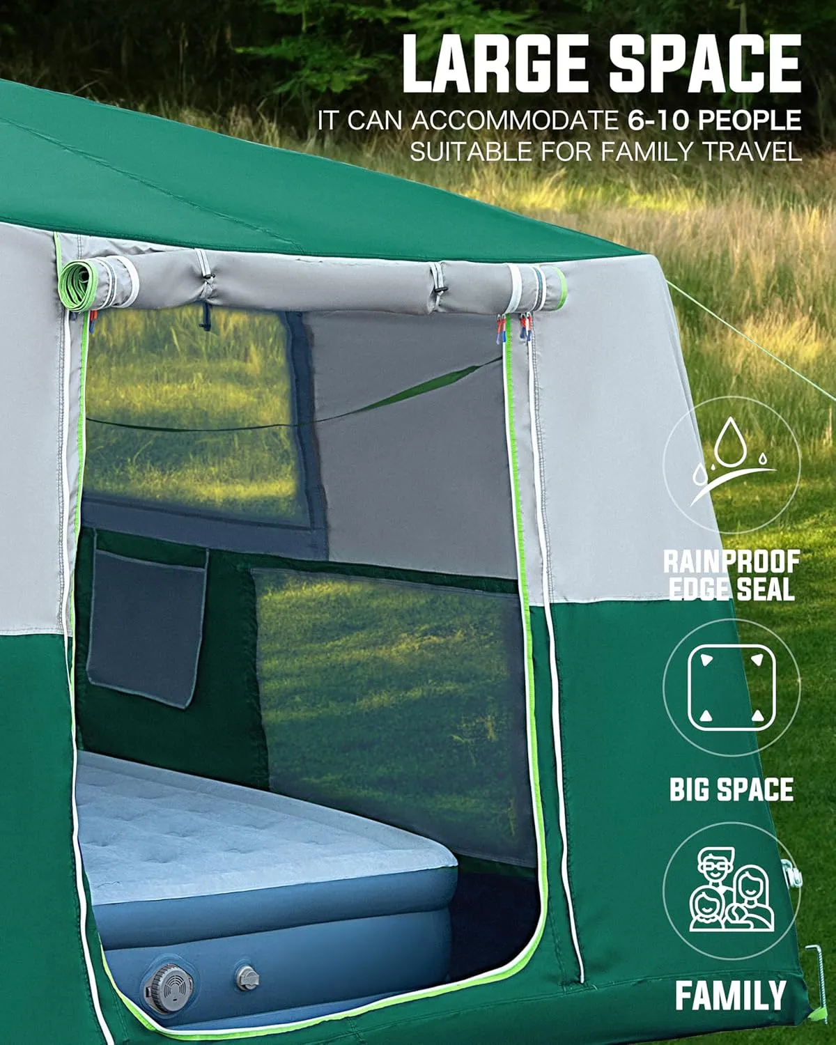 14.1'x6.5'x9' Inflatable Tents for Camping, Portable 6/8/10 Person Blow Up Air Tent, Waterproof Windproof Easy Setup Large Family Tent with 2 Doors, 6 Windows, Mosquito Screen