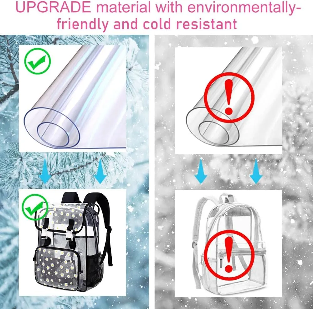 17" Daisy Clear Backpack for Girls - 3Pcs Flip Design Stadium Approved Set, Waterproof Campus/School Transparent Bookbag (Black)