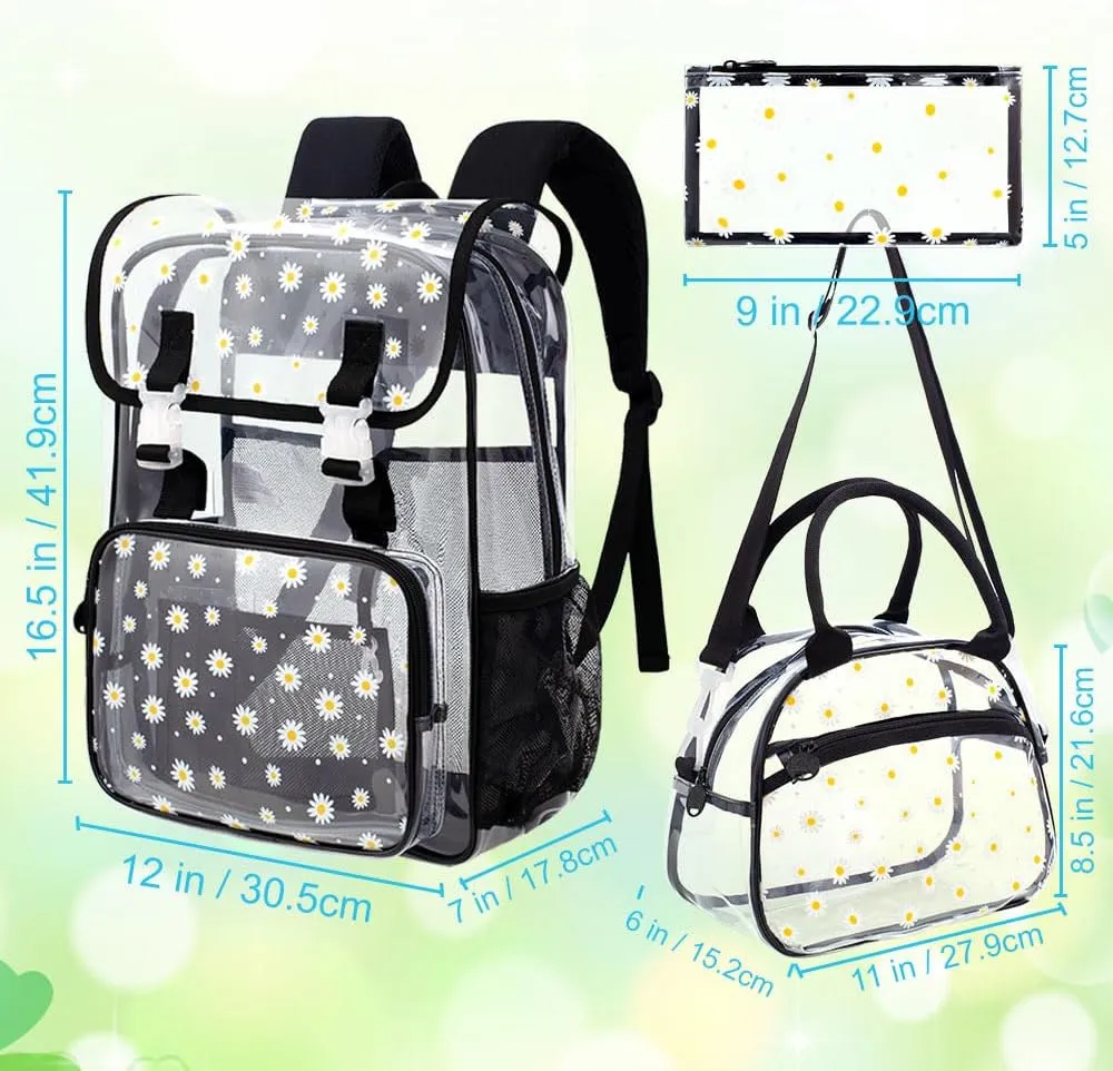 17" Daisy Clear Backpack for Girls - 3Pcs Flip Design Stadium Approved Set, Waterproof Campus/School Transparent Bookbag (Black)