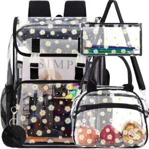 17" Daisy Clear Backpack for Girls - 3Pcs Flip Design Stadium Approved Set, Waterproof Campus/School Transparent Bookbag (Black)