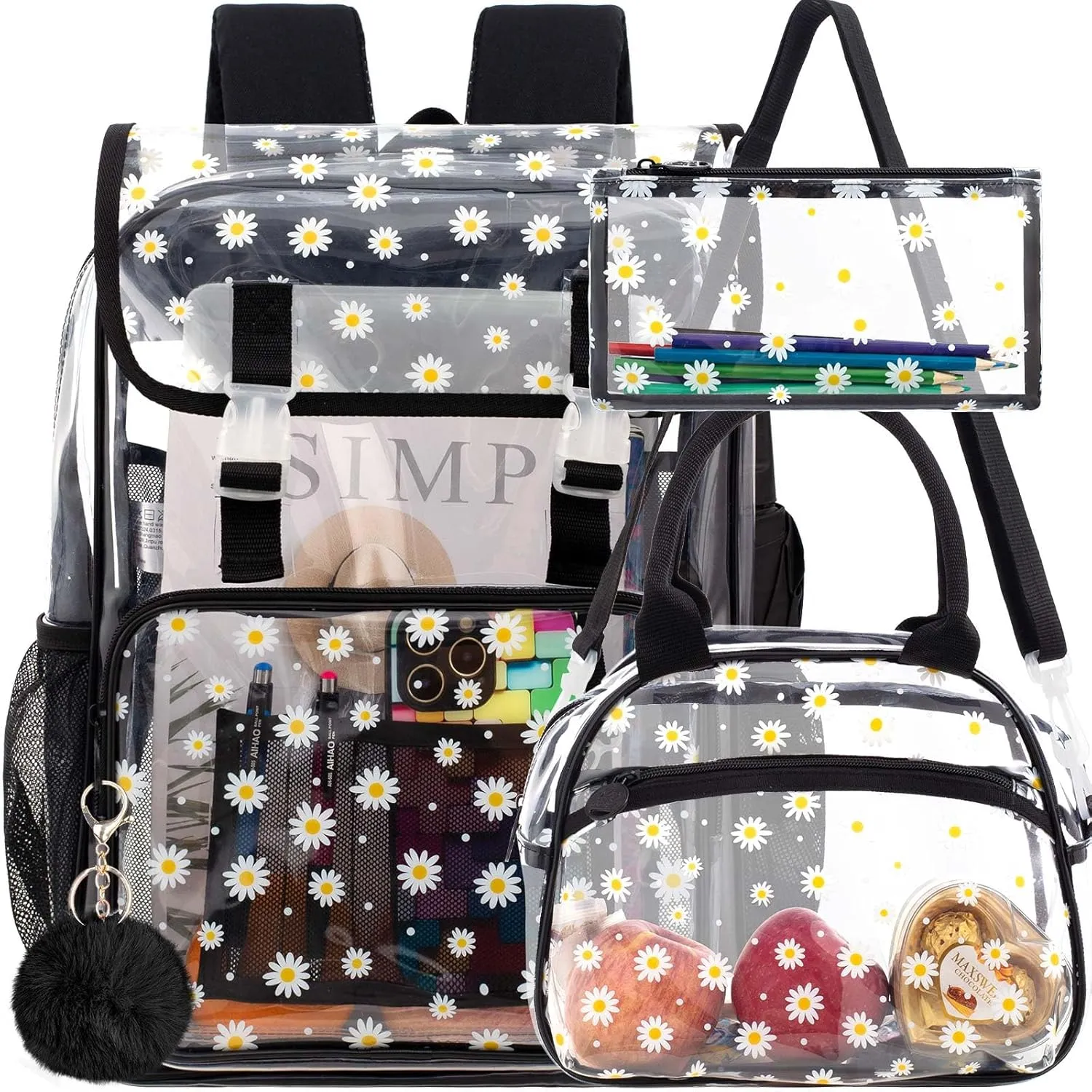 17" Daisy Clear Backpack for Girls - 3Pcs Flip Design Stadium Approved Set, Waterproof Campus/School Transparent Bookbag (Black)