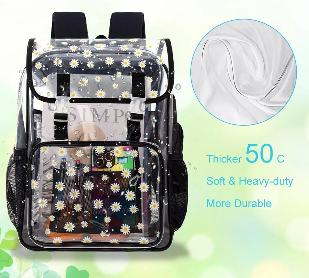17" Daisy Clear Backpack for Girls - 3Pcs Flip Design Stadium Approved Set, Waterproof Campus/School Transparent Bookbag (Black)