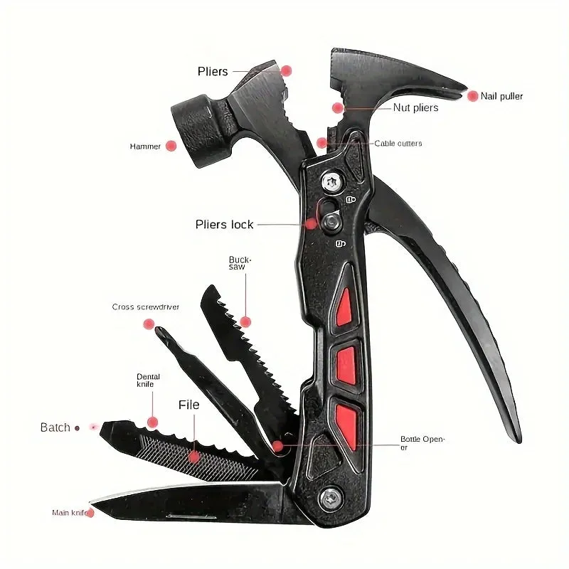 1PC Outdoor Multi-Function Claw Hammer Knife – Stainless Steel Survival Tool with Pliers, Camping Hammer, Nail Puller, and Emergency Rescue Tool