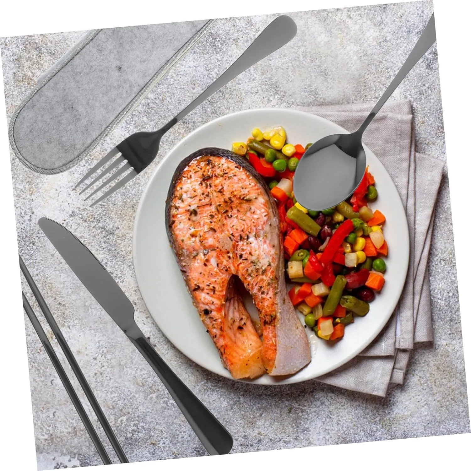 1set Stainless Steel Serving Utensils Portable Cutlery Kit for Camping Picnics and Formal Dining Includes Fork Spoon Knife and Chopsticks Reusable and Stylish