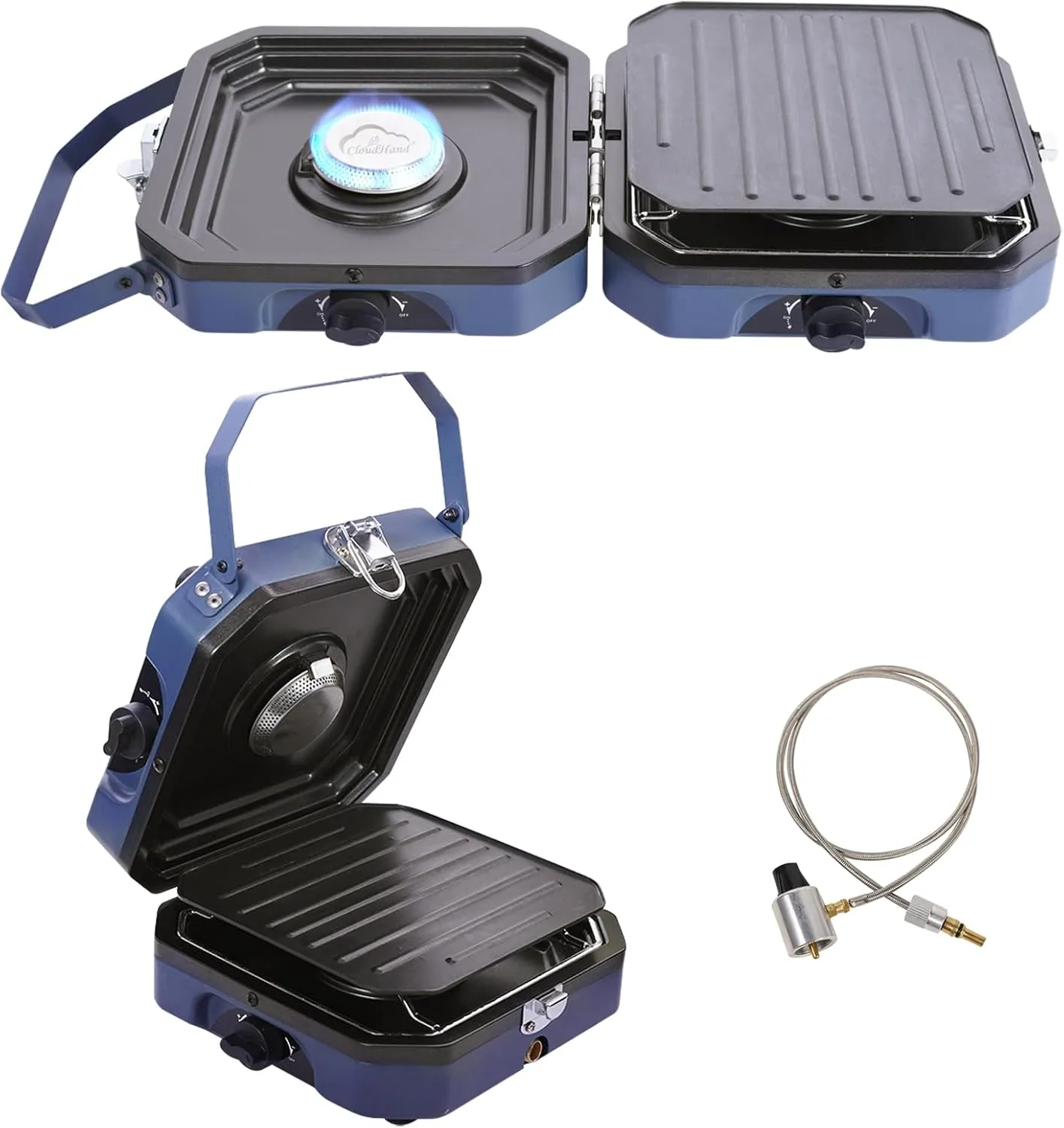2 Burner Propane Camping Stove with Grill - CloudHand Foldable Camp Stove with 16,000 BTU, Two Adjustable Burners with Piezo Ignition & Easy Carrying Handle (Blue) (Large)