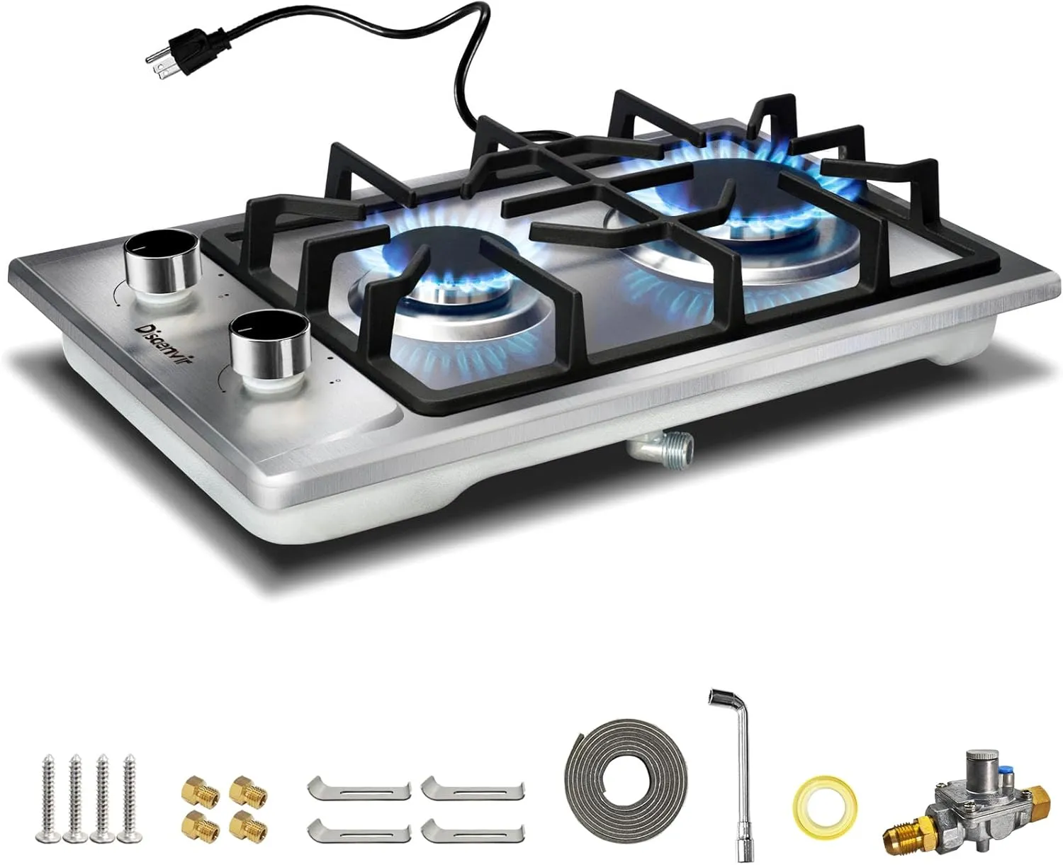 2 Burner Propane Cooktop - 12 Inch Stainless Steel Gas Stove for LPG/NG Dual Fuel, Portable Gas Burner with Flame-out Protection for Apartment, Kitchen, RV, Indoor, Outdoor 110V Plug in