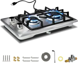 2 Burner Propane Cooktop - 12 Inch Stainless Steel Gas Stove for LPG/NG Dual Fuel, Portable Gas Burner with Flame-out Protection for Apartment, Kitchen, RV, Indoor, Outdoor 110V Plug in