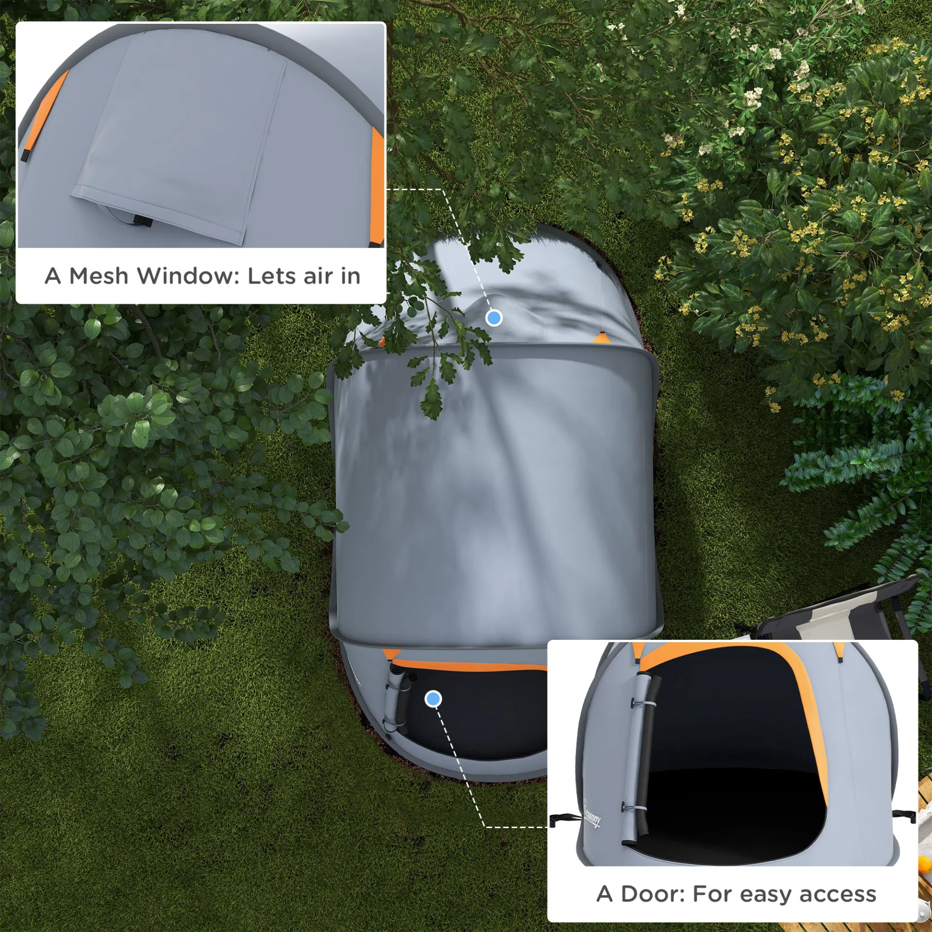 2 Man Pop up Camping Tent, 2000mm Waterproof with Carry Bag for Fishing Hiking Backpacking, Grey and Orange by Outsunny
