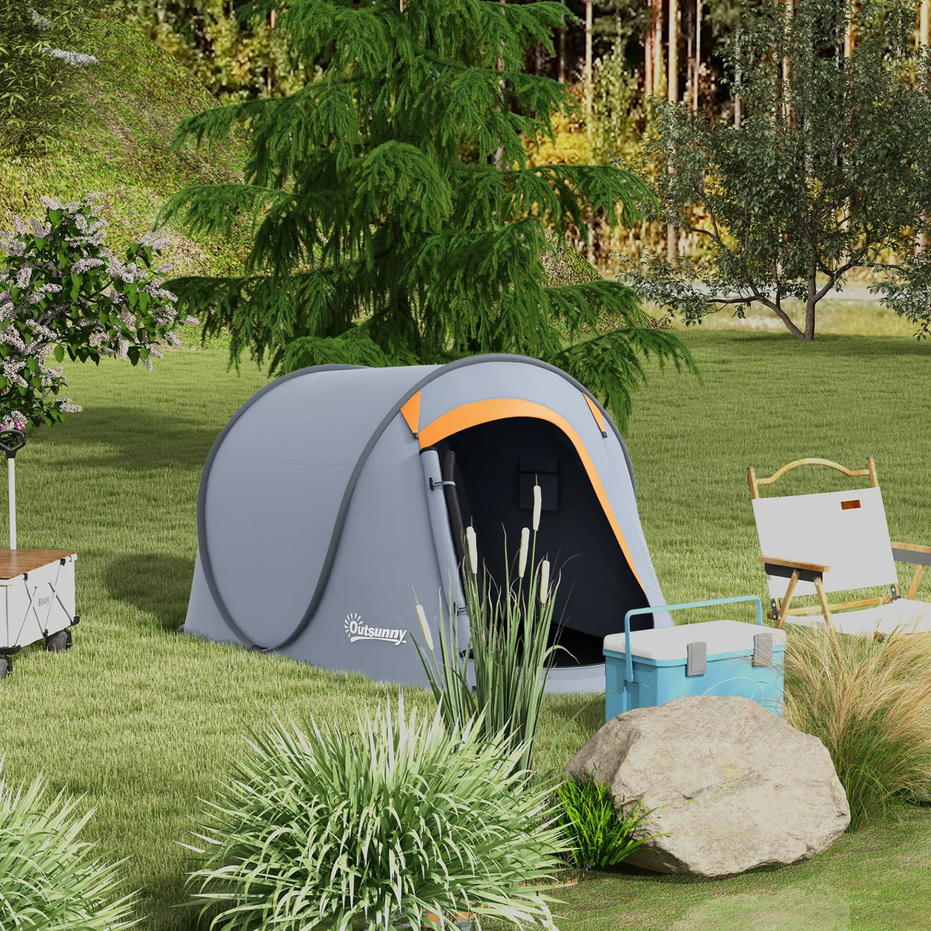 2 Man Pop up Camping Tent, 2000mm Waterproof with Carry Bag for Fishing Hiking Backpacking, Grey and Orange by Outsunny