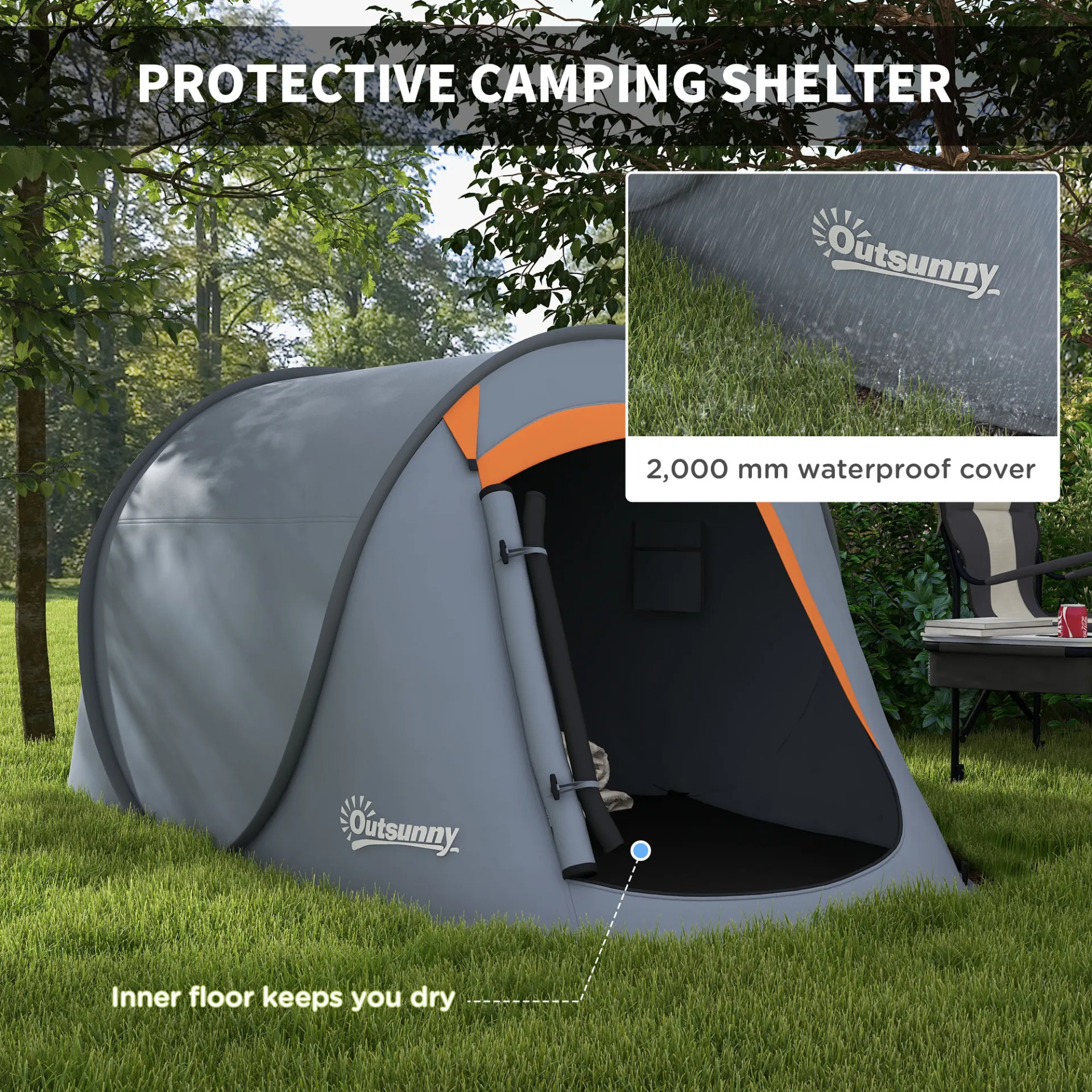 2 Man Pop up Camping Tent, 2000mm Waterproof with Carry Bag for Fishing Hiking Backpacking, Grey and Orange by Outsunny