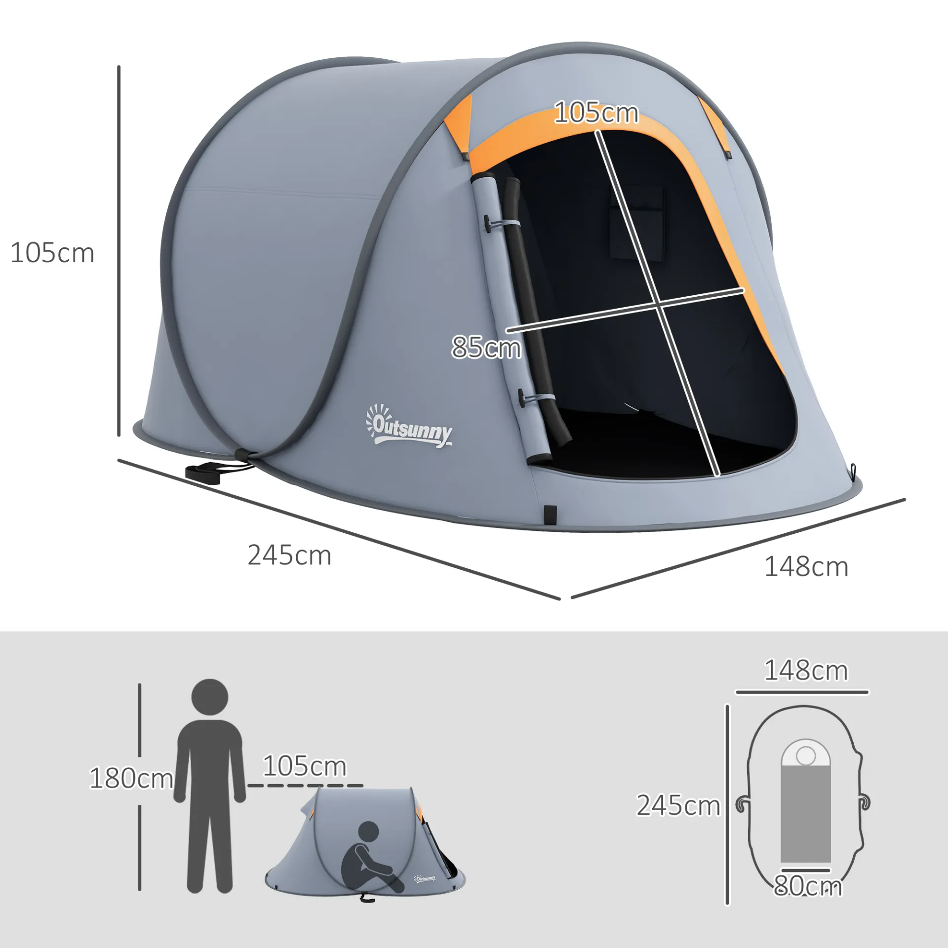 2 Man Pop up Camping Tent, 2000mm Waterproof with Carry Bag for Fishing Hiking Backpacking, Grey and Orange by Outsunny