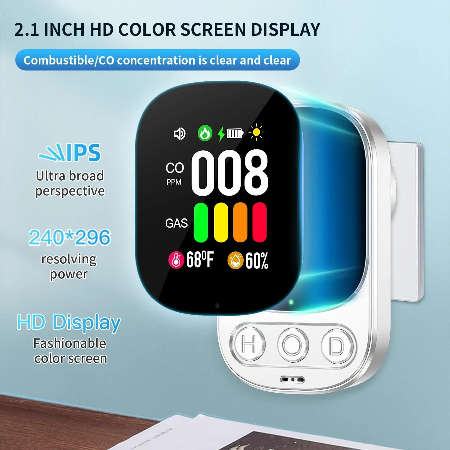 2-Pack 4in1 Plug in Carbon Monoxide Detector & Natural Gas Combination Detectors with Backup Battery CO Gas Temp Humidity 2.1'' HD Screen & Indicator, Methane Combustible Gas Alarm,White