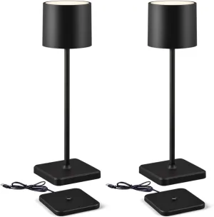 2 Pack Cordless Table Lamp Rechargeable, Wireless Charging LED Table Lamp, IP54 Waterproof Aluminum Bedside Light, Touch Control, Suitable for Indoor and Outdoor Use, Black