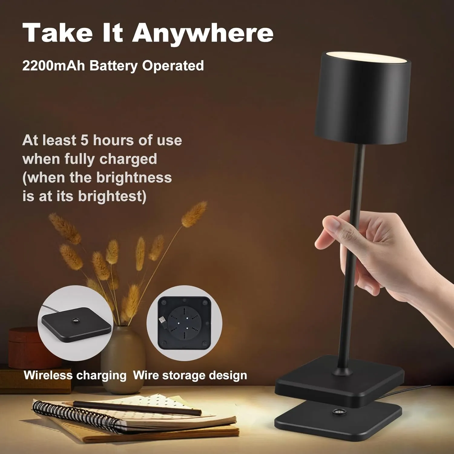 2 Pack Cordless Table Lamp Rechargeable, Wireless Charging LED Table Lamp, IP54 Waterproof Aluminum Bedside Light, Touch Control, Suitable for Indoor and Outdoor Use, Black