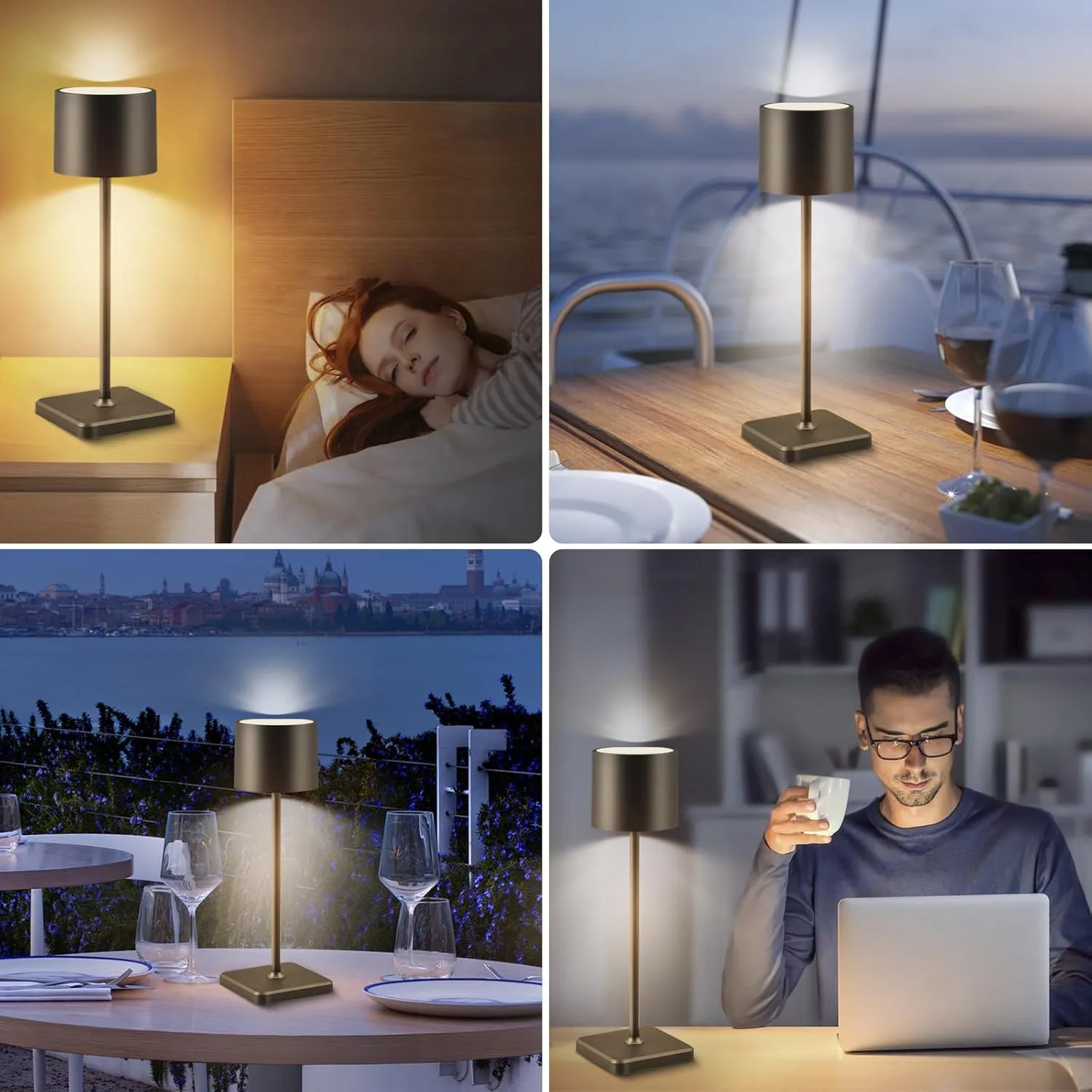 2 Pack Cordless Table Lamp Rechargeable, Wireless Charging LED Table Lamp, IP54 Waterproof Aluminum Bedside Light, Touch Control, Suitable for Indoor and Outdoor Use, Black