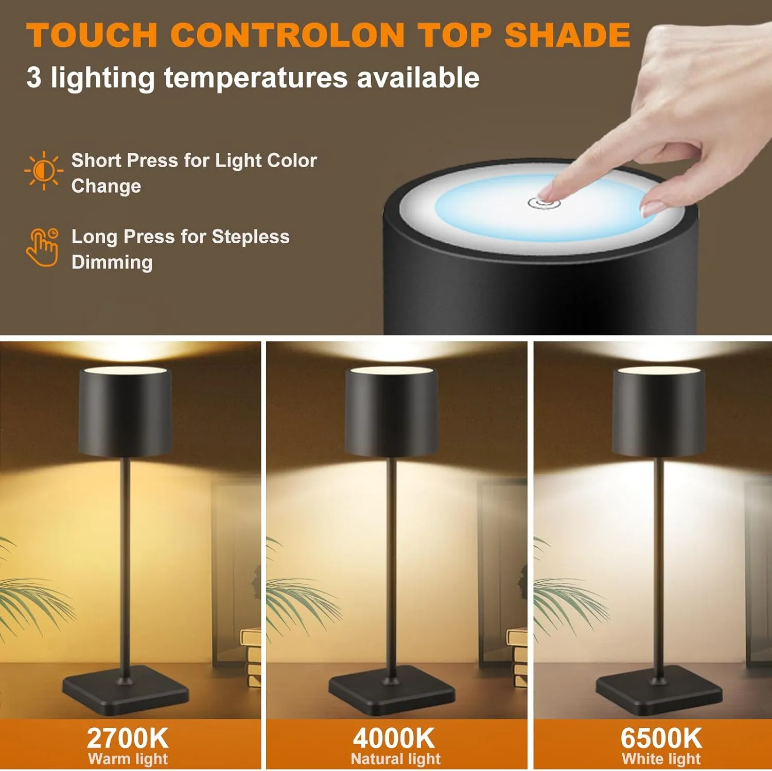 2 Pack Cordless Table Lamp Rechargeable, Wireless Charging LED Table Lamp, IP54 Waterproof Aluminum Bedside Light, Touch Control, Suitable for Indoor and Outdoor Use, Black