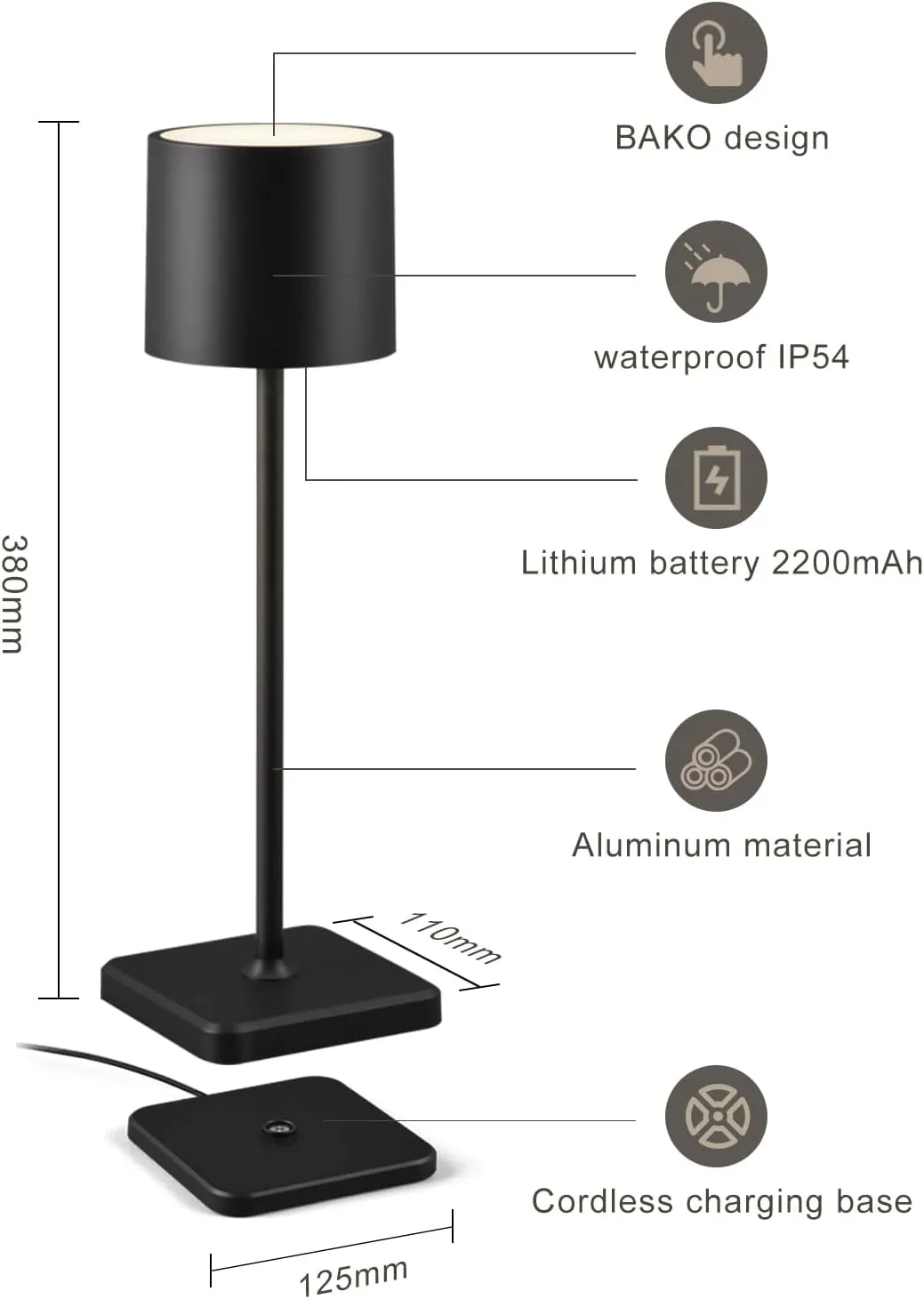 2 Pack Cordless Table Lamp Rechargeable, Wireless Charging LED Table Lamp, IP54 Waterproof Aluminum Bedside Light, Touch Control, Suitable for Indoor and Outdoor Use, Black