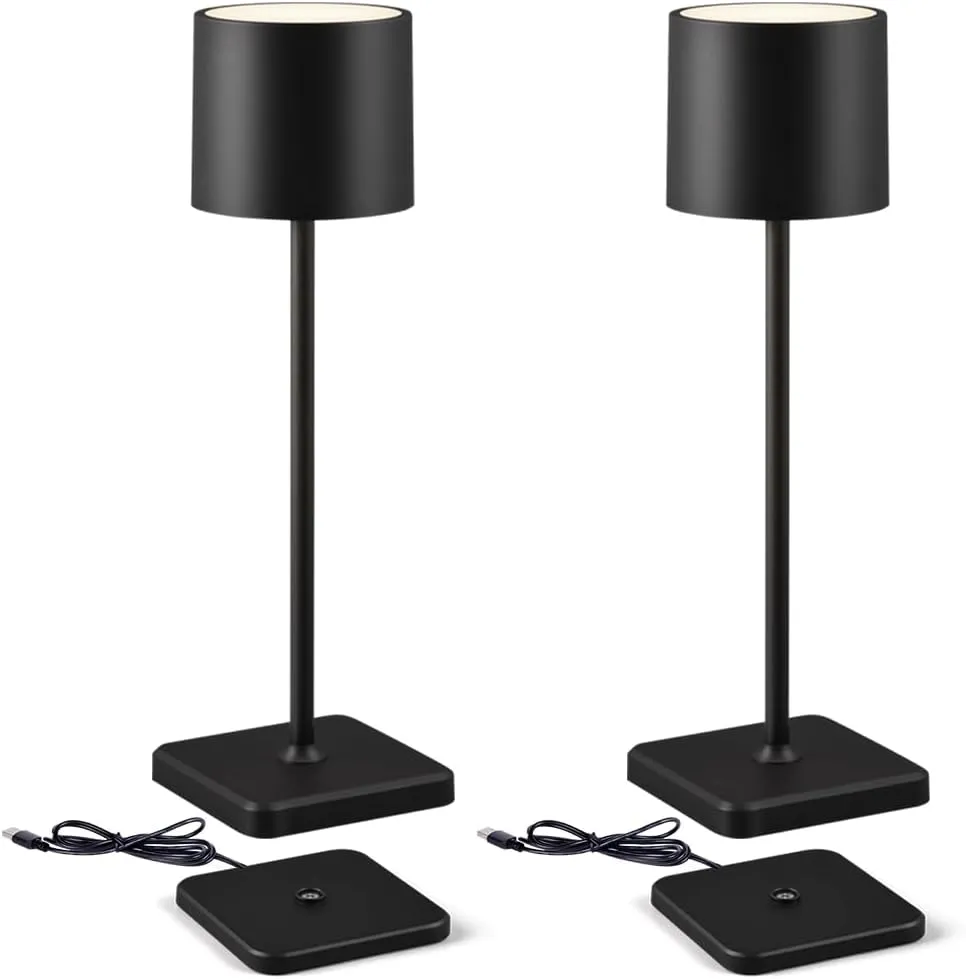 2 Pack Cordless Table Lamp Rechargeable, Wireless Charging LED Table Lamp, IP54 Waterproof Aluminum Bedside Light, Touch Control, Suitable for Indoor and Outdoor Use, Black