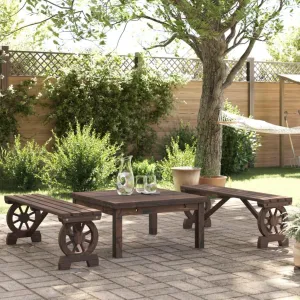 2-Piece Solid Fir Wood Patio Benches Set with Wagon Wheel Design, Outdoor Furniture for Garden Lawn Deck 45.3" Wide Burnt Look Seating