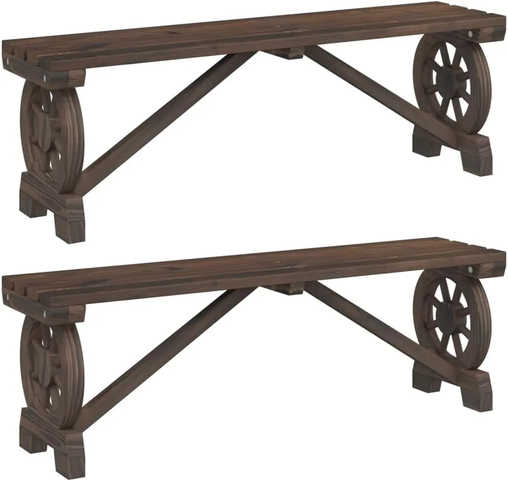 2-Piece Solid Fir Wood Patio Benches Set with Wagon Wheel Design, Outdoor Furniture for Garden Lawn Deck 45.3" Wide Burnt Look Seating