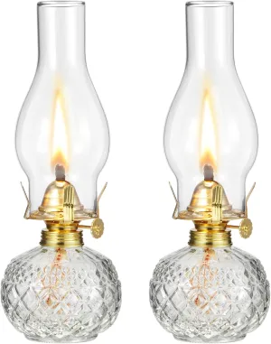 2 Pieces Chamber Oil Lamp, Vintage Glass Clear Kerosene Lamp Indoor Decorative Hurricane Oil Lantern for Tabletop Decor and Emergency Lighting(Cute Style)