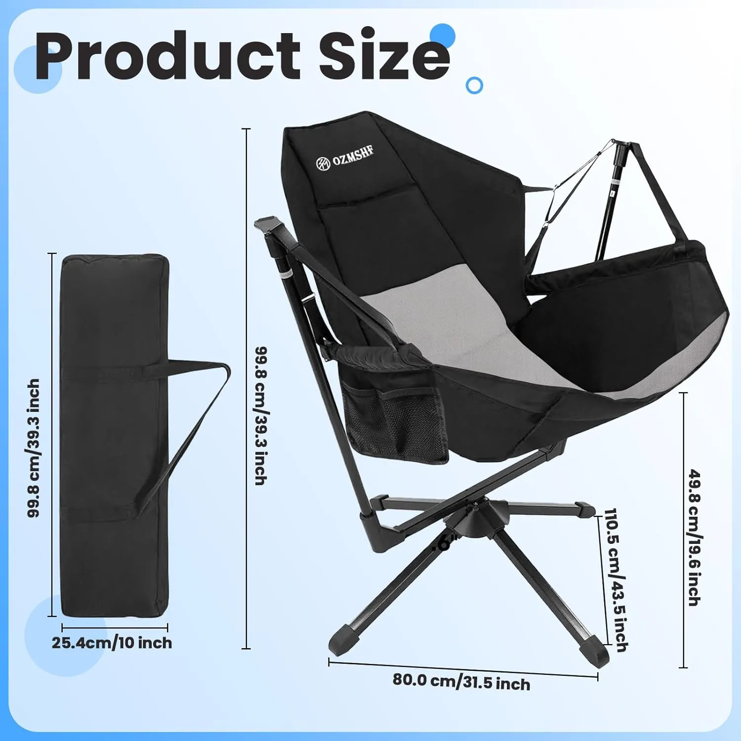 2 Set Camping Chair, Hammock Chair, Folding Rocking Chair, Aluminum Alloy Adjustable Backrest Swing Chairs,for Outdoor Camping, Beach, Lawn(Black Grey)