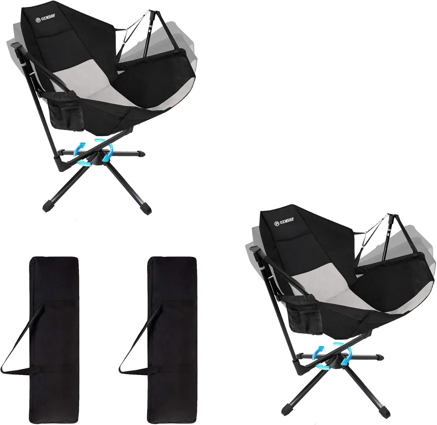 2 Set Camping Chair, Hammock Chair, Folding Rocking Chair, Aluminum Alloy Adjustable Backrest Swing Chairs,for Outdoor Camping, Beach, Lawn(Black Grey)