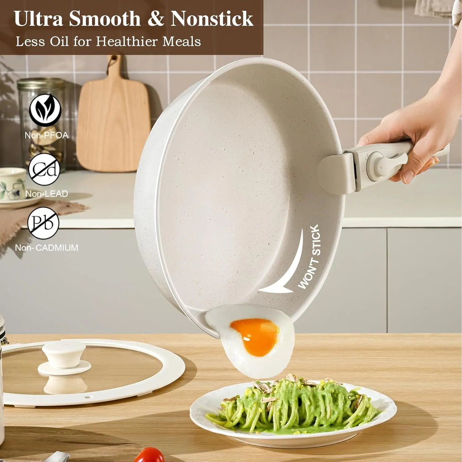 20 Pcs Pots and Pans Set Non Stick, Stackable Cookware Sets with Detachable Handle, Granite Induction RV Kitchen Portable Cooking Set Removable Handles, Dishwasher ＆ Oven Safe, Cream White