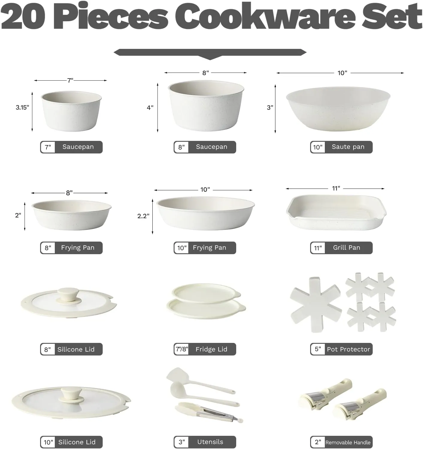 20 Pcs Pots and Pans Set Non Stick, Stackable Cookware Sets with Detachable Handle, Granite Induction RV Kitchen Portable Cooking Set Removable Handles, Dishwasher ＆ Oven Safe, Cream White