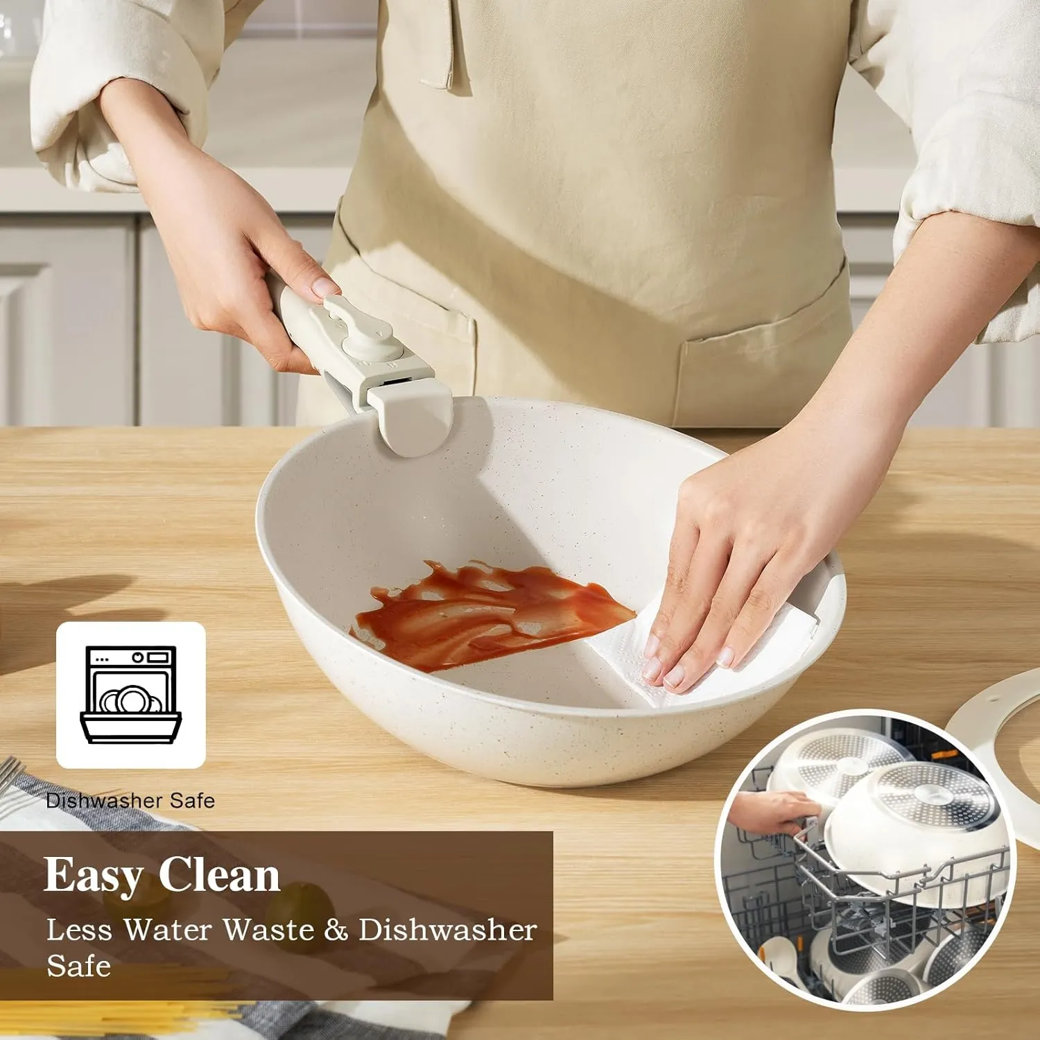 20 Pcs Pots and Pans Set Non Stick, Stackable Cookware Sets with Detachable Handle, Granite Induction RV Kitchen Portable Cooking Set Removable Handles, Dishwasher ＆ Oven Safe, Cream White