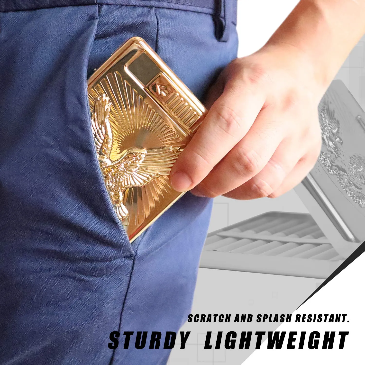 20 PCS Set Metal Cigarette Case Holder Arc Lighter with 3D Eagle Rechargeable Electric Arc Lighter Windproof Flameless USB Cigarette Case Lighter for Your Friends (Gold)