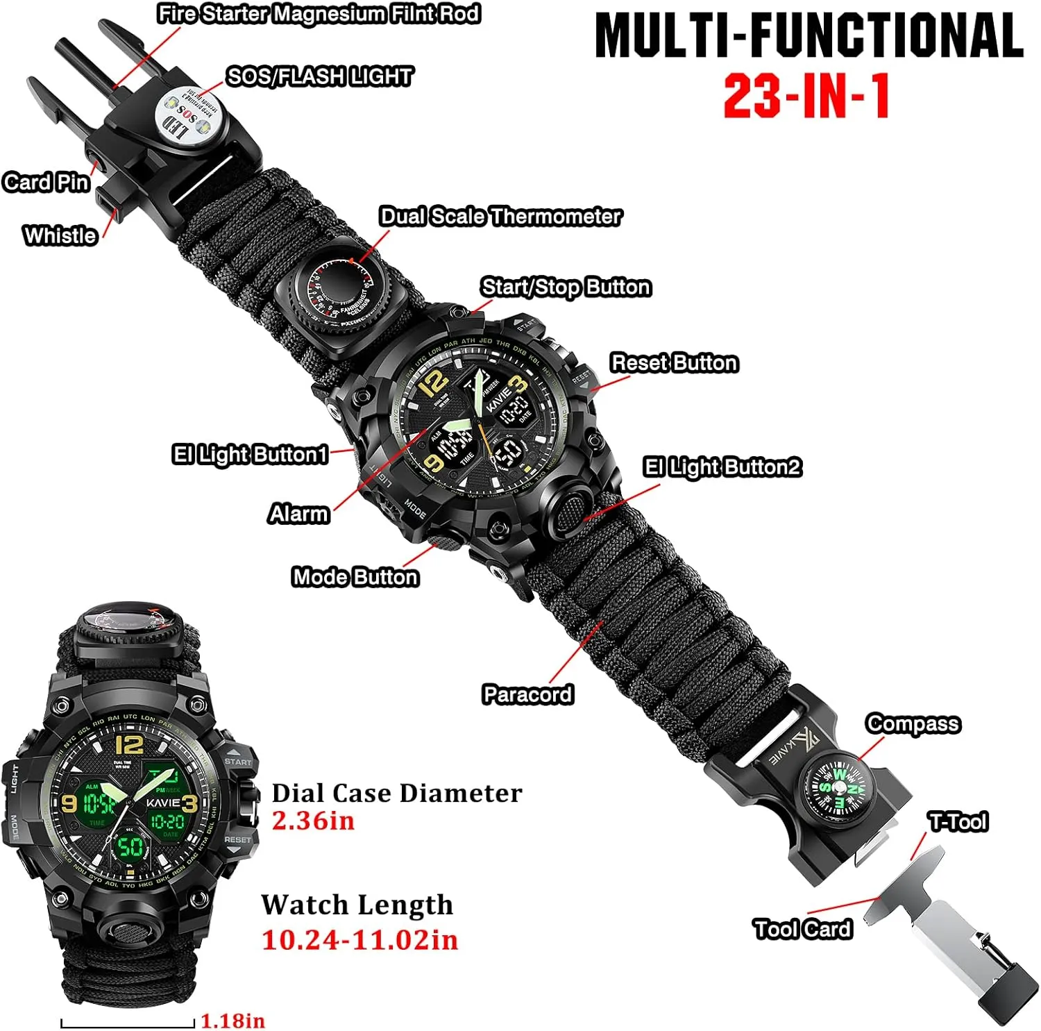 23-in-1 Survival Military Digital Watch, Mens Tactical Multi-Functional and Adjustable Wristband Outdoors Waterproof Sports Dual Dial Watches with Compass Paracord Band