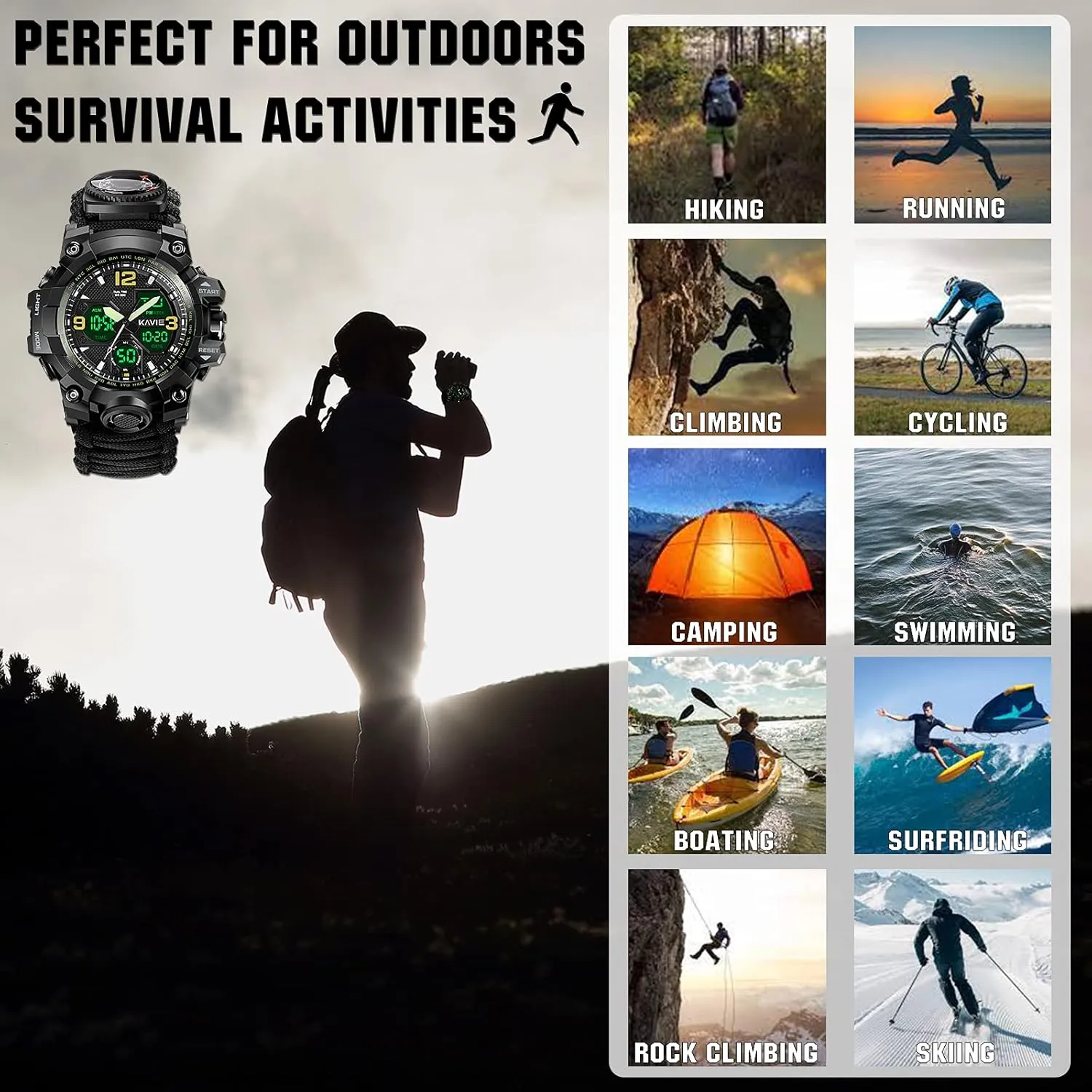 23-in-1 Survival Military Digital Watch, Mens Tactical Multi-Functional and Adjustable Wristband Outdoors Waterproof Sports Dual Dial Watches with Compass Paracord Band